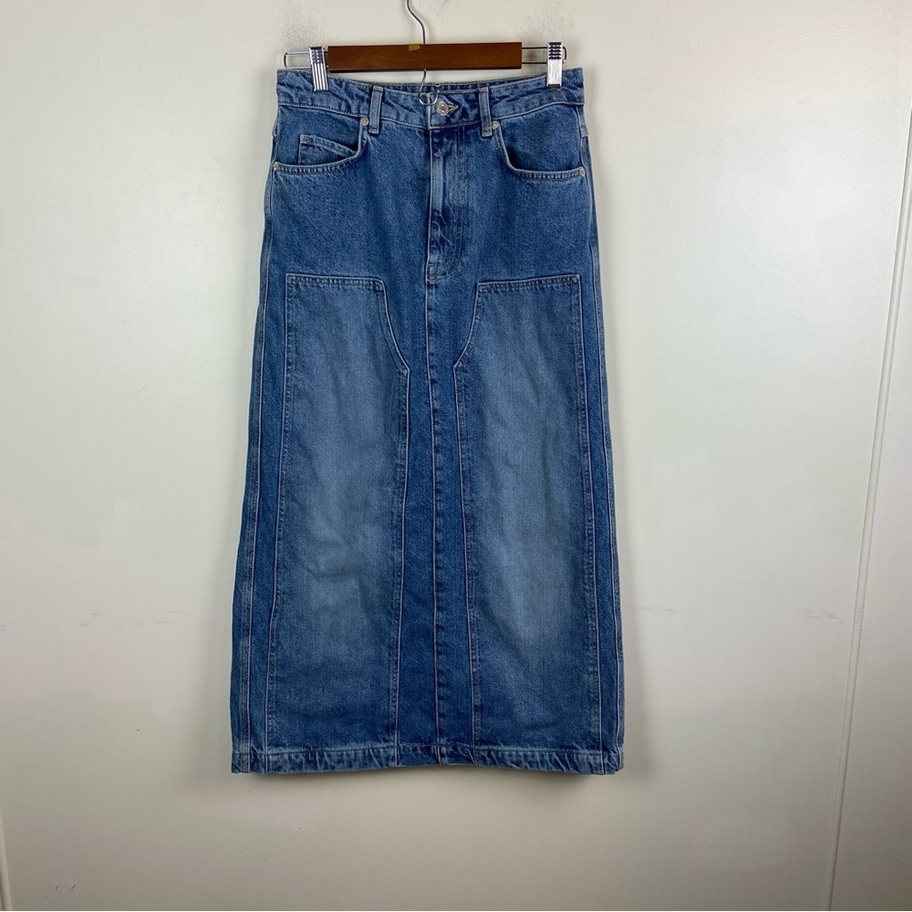 MNG‎ Mango Cotton Rigid Denim Column Maxi Skirt Retro 90s Size Small Jean Long